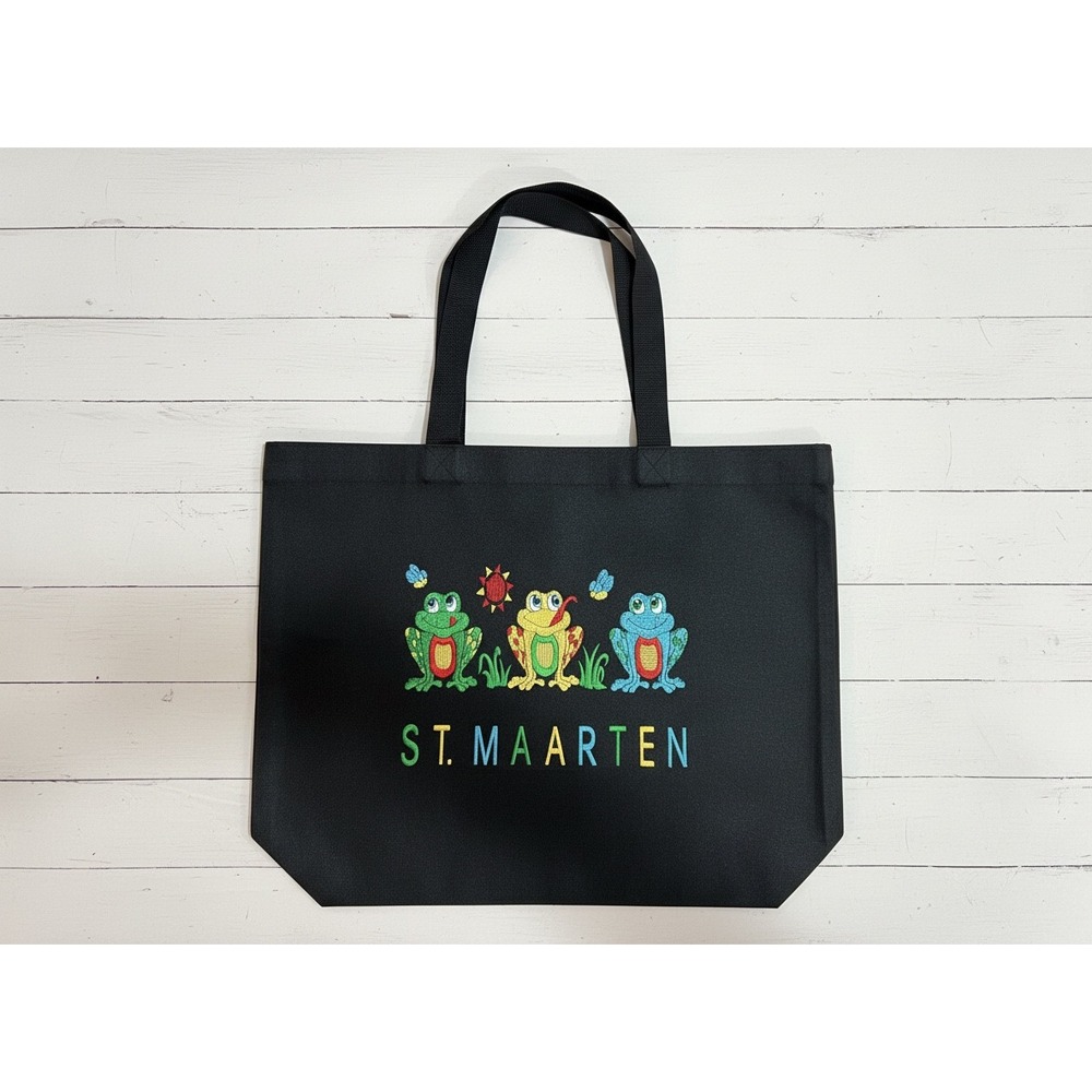 EUC St Maarten Black Canvas Zipper Tote Bag w/Embroidered Frogs for Beach Travel